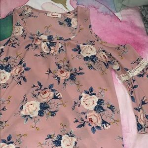 pink floral blouse, shoulder-less, flare sleeves